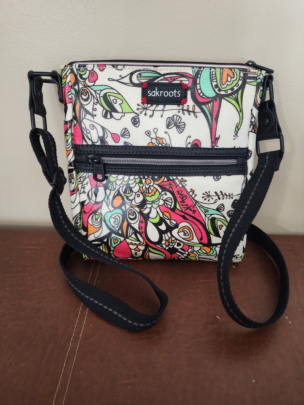 Sakroots White Multicolor Paisley Crossbody Bag with Black Strap